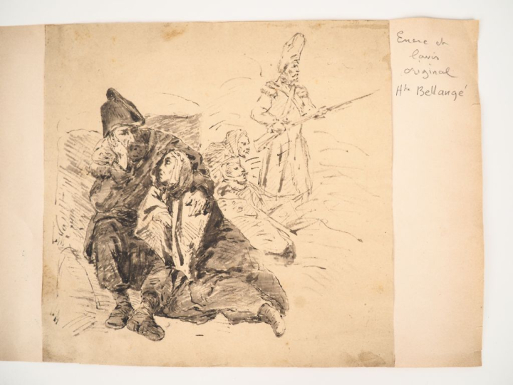 Ecole française XIXème.  "les soldats" Plume et lavis  Dim. 21 x 21 cm