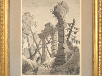 Vente aux enchères Ecole française XIXème.  "paysage et ruines" Dessin au lavis  Dim. 41,