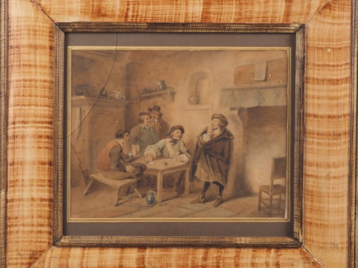 Ecole française XIXème. "La partie de carte". Dessin aquarellé. Dim. (