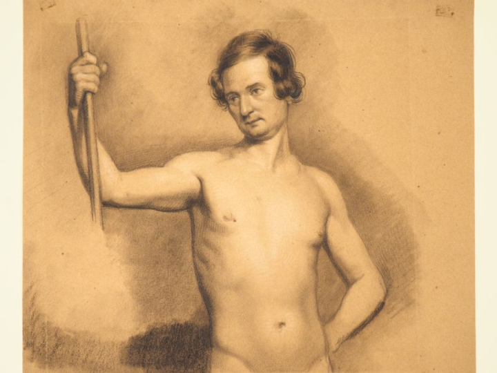 Ecole XIXème. "Homme nu en buste"  Dessin au fusain Dim. 24 x 26 cm