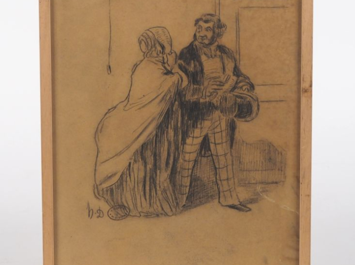 Honoré DAUMIER.  "la rencontre"  Dessin, monogrammé en bas à gauche po