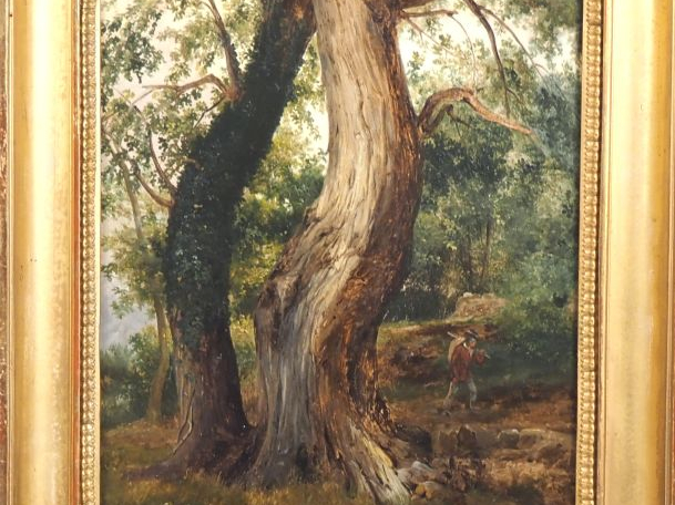 Paul HUET (1803 - 1869) Promeneur dans un sous bois Papier marouflé su