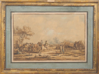 Vente aux enchères LANCRET. "Campement" Dessin aquarellé signé en bas au centre Dim. 28 x