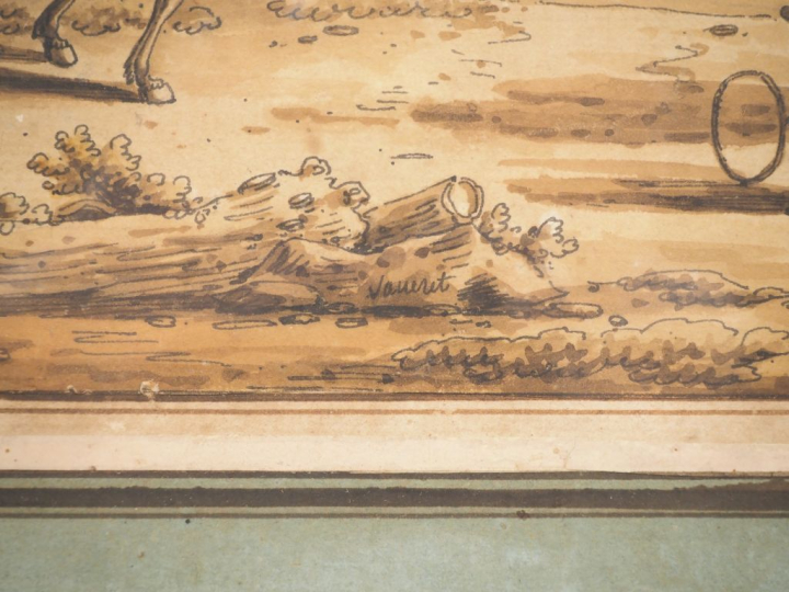 LANCRET. "Campement" Dessin aquarellé signé en bas au centre Dim. 28 x