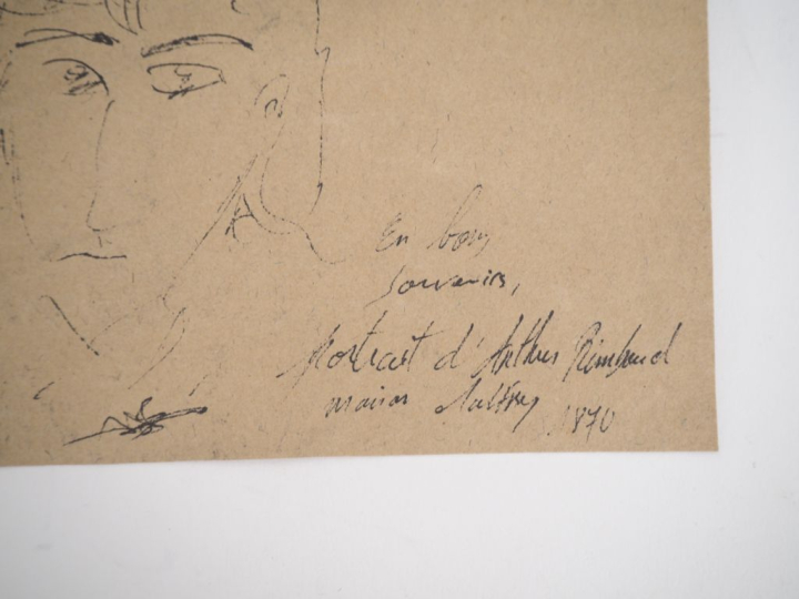 Marion MALFREY.  "Portrait d'Arthur Rimbaud" Dessin à la plume, signé 