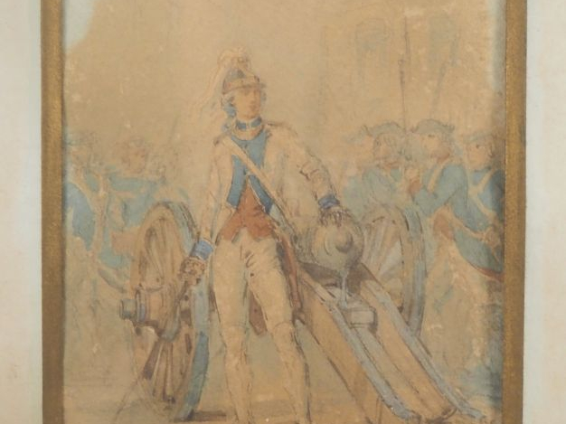 Ecole française XIXème. "officier artilleur" Aquarelle, signée en bas 