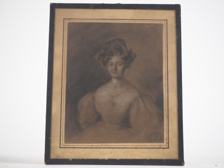 Ecole française XIXème. "portrait de jeune fille romantique" Dessin au