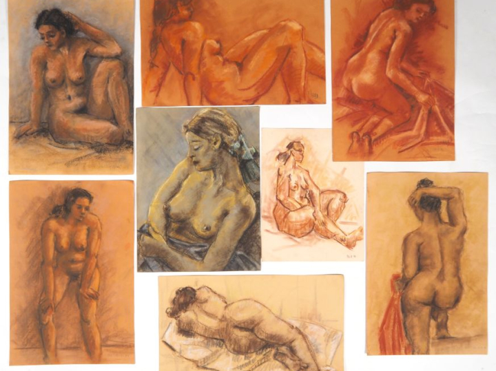 Bel ensemble de 8 dessins et d'une peinture à l'huile "Etudes de jeune