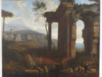 Vente aux enchères Ecole italienne XVIIIème. "pastorale, ruines et paysage" Huile sur toi