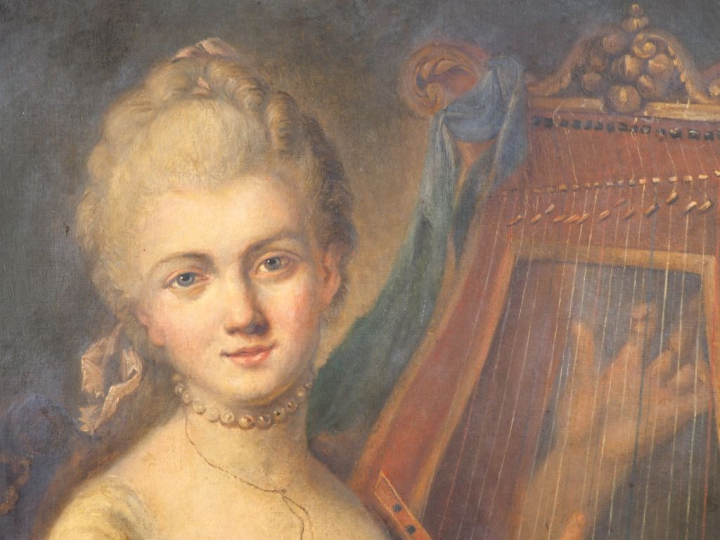 Ecole française dans le goüt du XVIIIème. "Portrait de musicienne". Hu