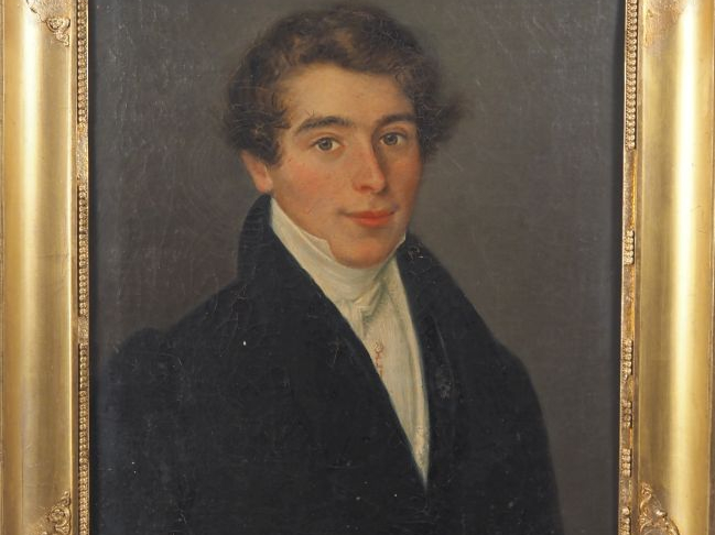 Ecole française XIXème. "Portrait d'homme au jabot". Huile sur toile. 