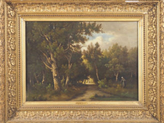 Vente aux enchères Ch. AUBERT. "Forêt de Rambouillet". Huile sur toile signée dans un car