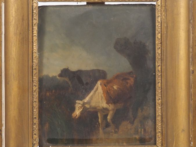 TROYON (dans le goût de). "Troupeau de vache". Huile sur panneau, sign