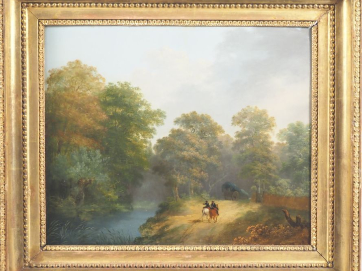 P. FORGET.  "Deux gendarmes à cheval" Huile sur toile, signée en bas à