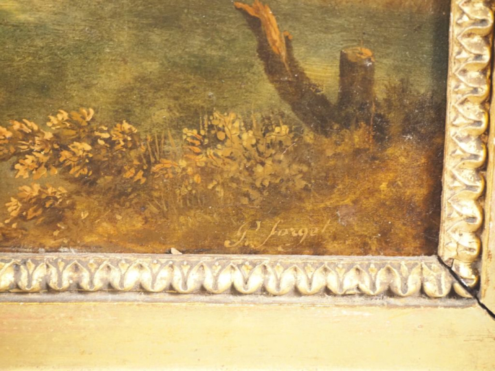 P. FORGET.  "Deux gendarmes à cheval" Huile sur toile, signée en bas à