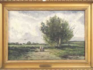 Vente aux enchères E. M. VALLEE.  "Paysage animé" Huile sur toile, signée en bas à droite