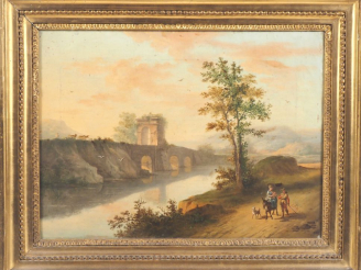 Vente aux enchères Ecole ALLEMANDE vers 1800. "Paysans le long d'une rivière" Toile d'ori