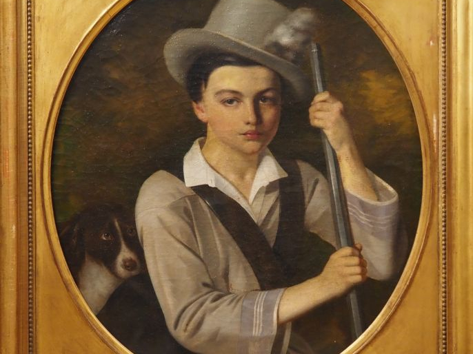 Ecole française XIXème.  "jeune chasseur et son chien" Huile sur toile