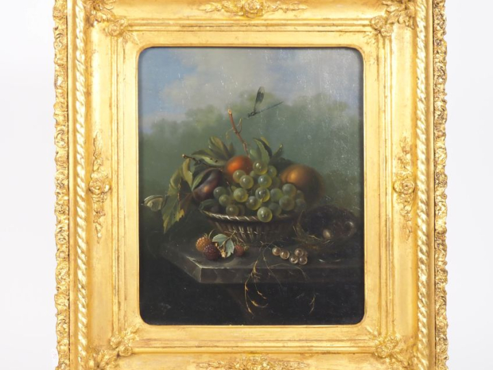 Ecole du Nord début XIXème. "nature morte à la corbeille de fruits, au