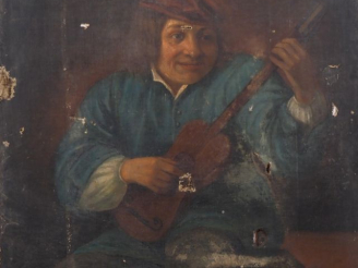Vente aux enchères Ecole du Nord début XIXème. "musicien"  Huile sur toile (mauvais état)