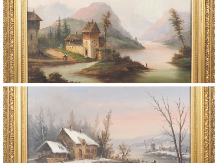 Ecole française XIXème. "paysage de montagne animé et paysage d'hiver 