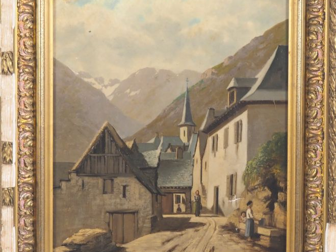 Ecole française XIXème. "Village de montagne" Huile sur toile Dim. 40,