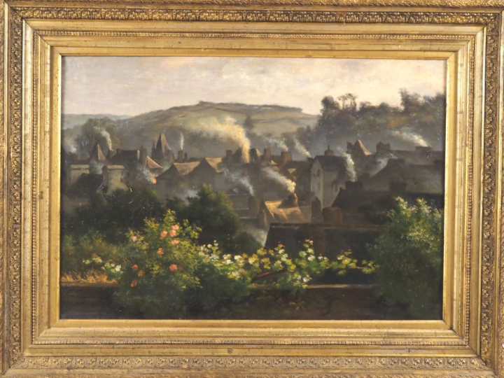 Ecole française XIXème. "le village vu d'un balcon fleuri" Huile sur t