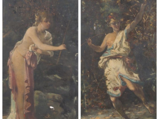 Vente aux enchères Ecole française XIXème. "Allégorie de la pêche et de la chasse" Paire 