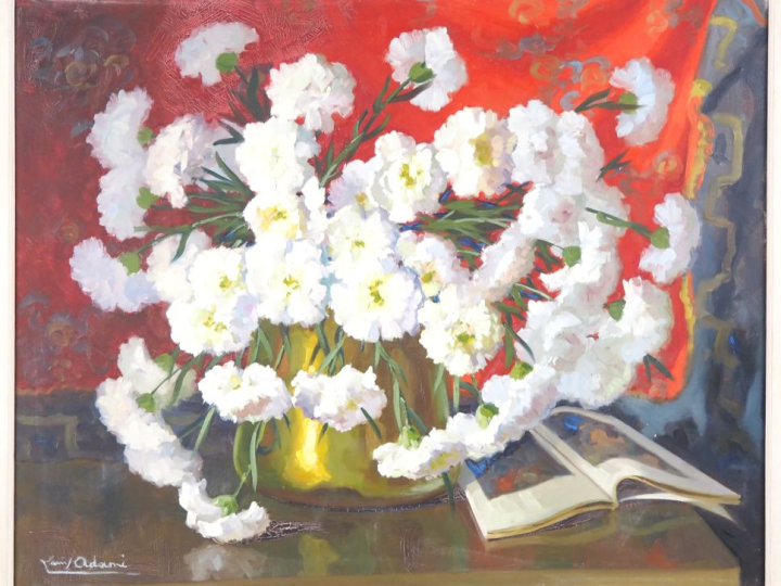 Louis ADAMI. "bouquet d'œillets blancs" Huile sur toile, signée en bas