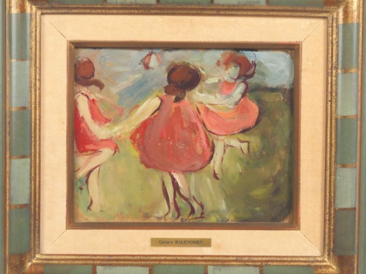 Gustave BALENGHIEN.  "Ronde enfantine" Huile sur carton, signée dans u