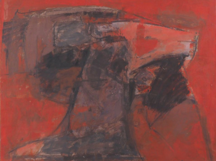 BITRAN.  "Composition rouge" Huile sur papier marouflée, signée en bas