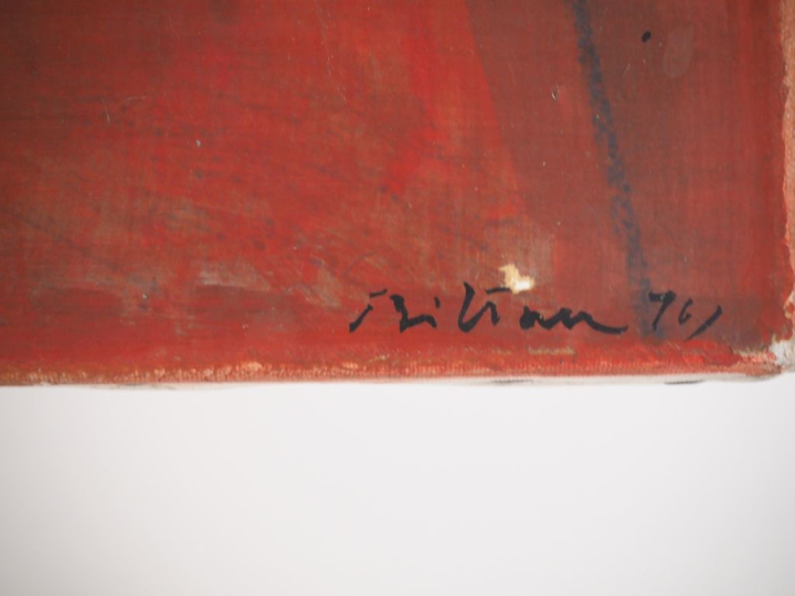 BITRAN.  "Composition rouge" Huile sur papier marouflée, signée en bas