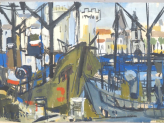 Vente aux enchères A. BORDENEUVE.  "le port" Gouache, signée en bas à droite Dim. 31 x 48