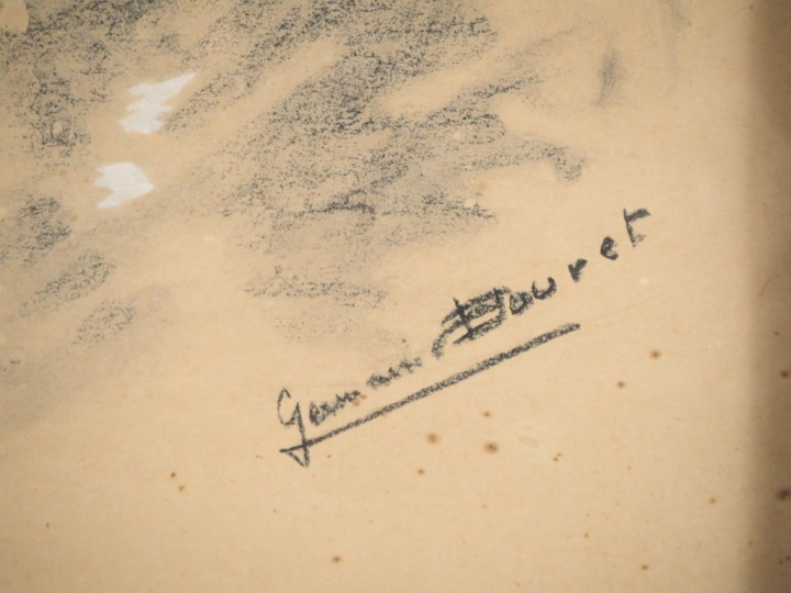 Germaine BOURET.  "le fox" Dessin au fusain et rehauts de craie signé 