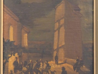Vente aux enchères Yves BRAYER.  "Cordes, petit café sur les remparts" Huile sur toile, s