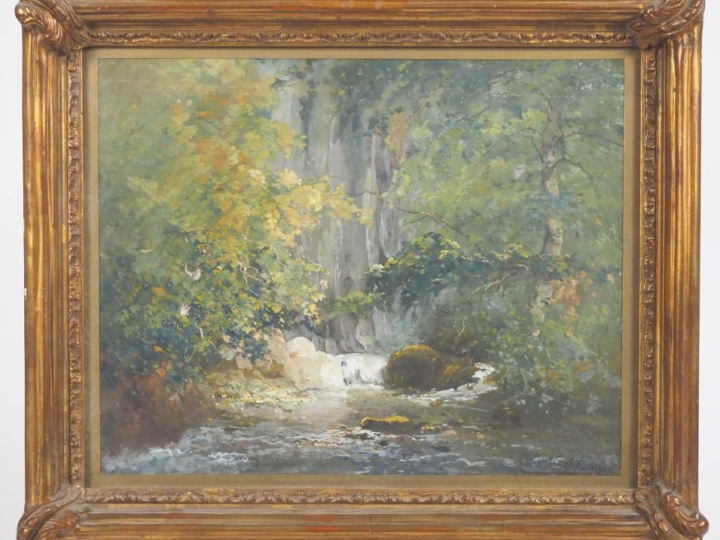 Léon CABIE.  "Torrent dans la forêt" Gouache signée en bas à droite  D