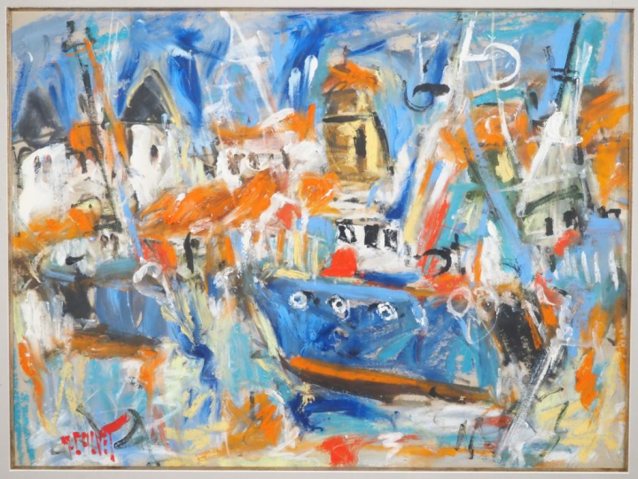 CALVET.  "Le chalut bleu à St Jean de Luz" Huile sur papier, signée en