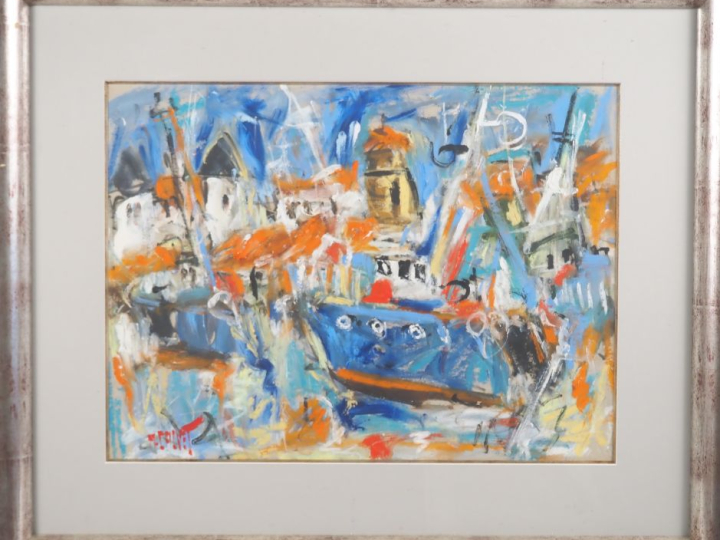 CALVET.  "Le chalut bleu à St Jean de Luz" Huile sur papier, signée en