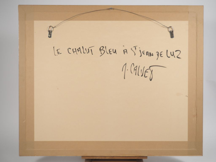 CALVET.  "Le chalut bleu à St Jean de Luz" Huile sur papier, signée en