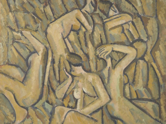 Vente aux enchères P. COQUET.  "Baigneuses"  Huile sur toile, signée en bas à gauche Dim.