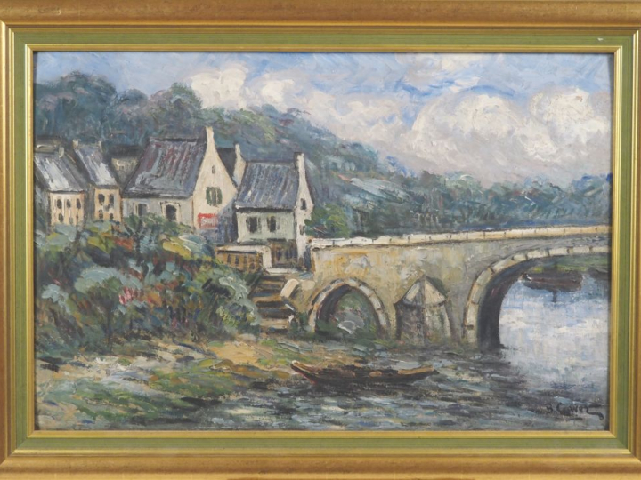 B. COWER.  "Paysage au pont" Huile sur carton, signée en bas à droite 