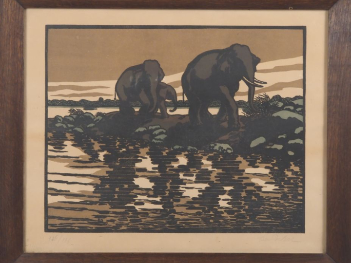DELIN.  "Eléphants" et "buffle des rizières" Paire de lithographies