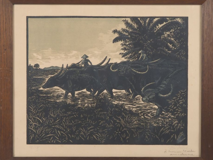 DELIN.  "Eléphants" et "buffle des rizières" Paire de lithographies