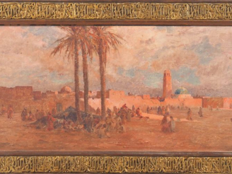 Vente aux enchères Eugène DESHAYES.  "Campement devant les remparts" Huile sur panneau d'