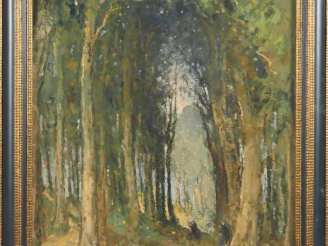 Vente aux enchères Désiré LUCAS.  "Personnages dans l'allée forestière"  Huile sur toile,
