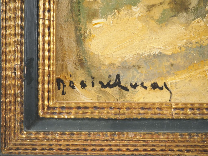 Désiré LUCAS.  "Personnages dans l'allée forestière"  Huile sur toile,