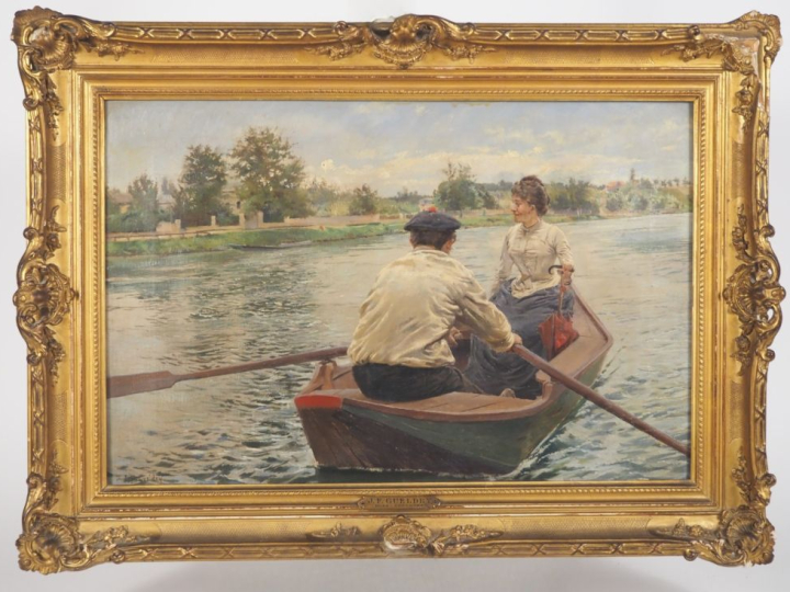 Jean Ferdinand GELDRY. "la promenade en barque" Huile sur toile, signé