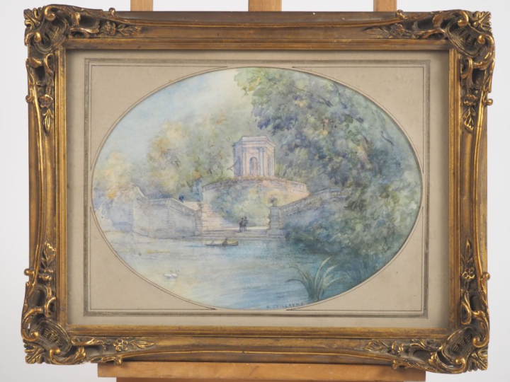 H. GUILLAUME.  "folie architecturale au bord d'un étang dans un parc" 