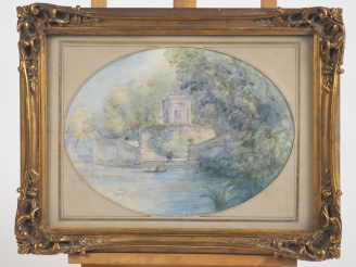 Vente aux enchères H. GUILLAUME.  "folie architecturale au bord d'un étang dans un parc" 