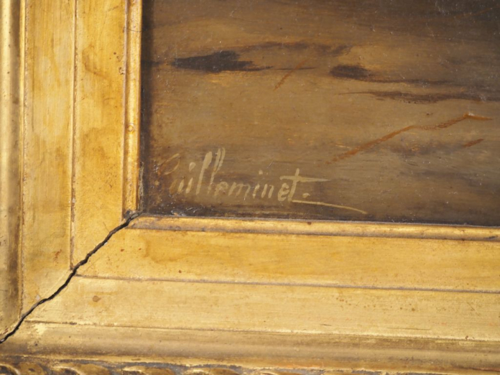 GUILLEMINET. "le poulailler" Huile sur panneau, signée en bas à gauche